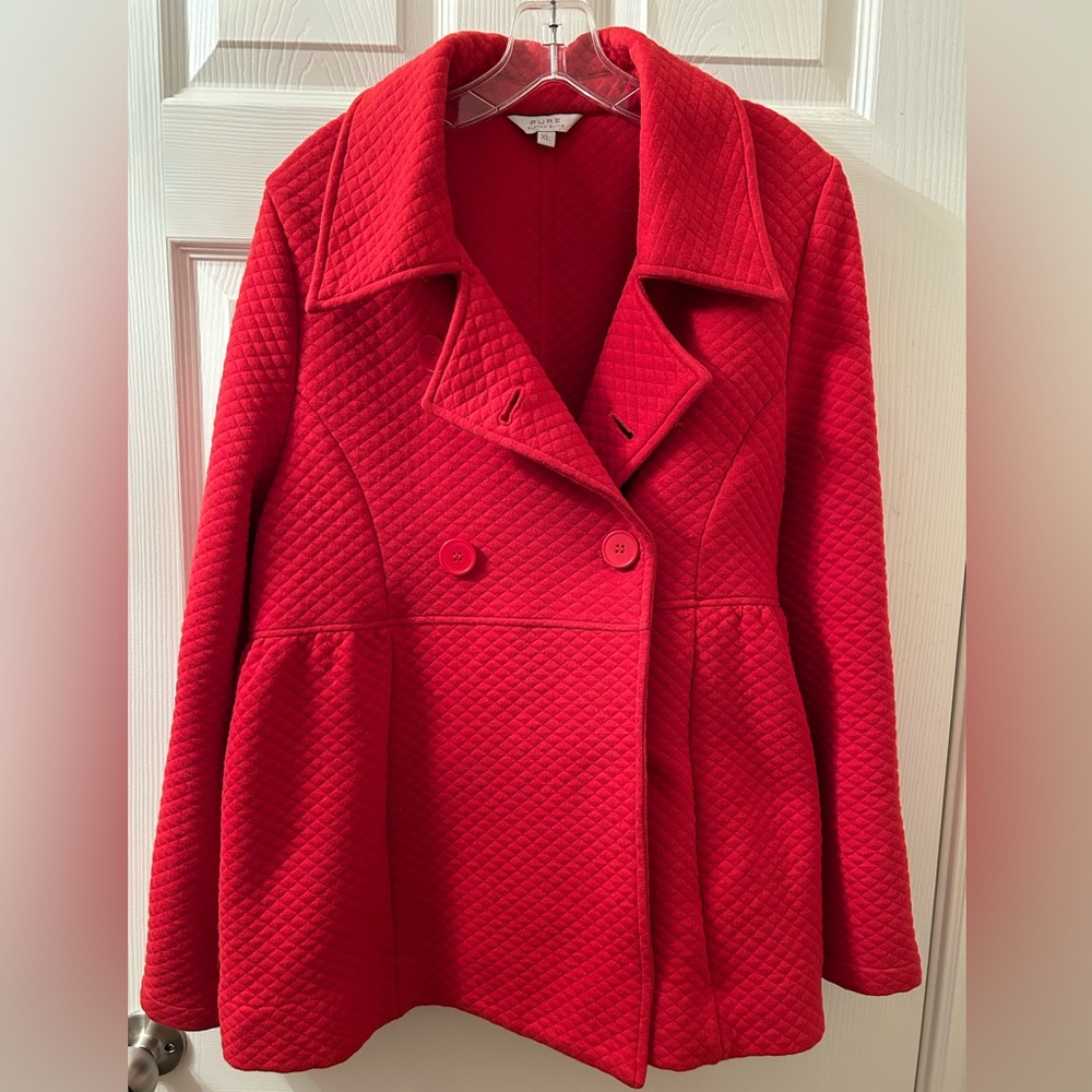 ALFRED SUNG PURE - 100% Cotton Red Pea Coat with Textured Design